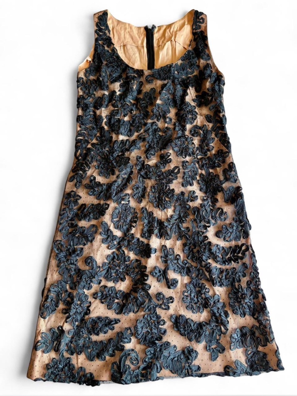 Embroidered Black Floral Appliqué Dress on Nude Lining